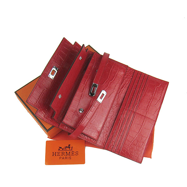 High Quality Hermes Kelly Crocodile Veins Long Clutch Bag Red H009 Replica